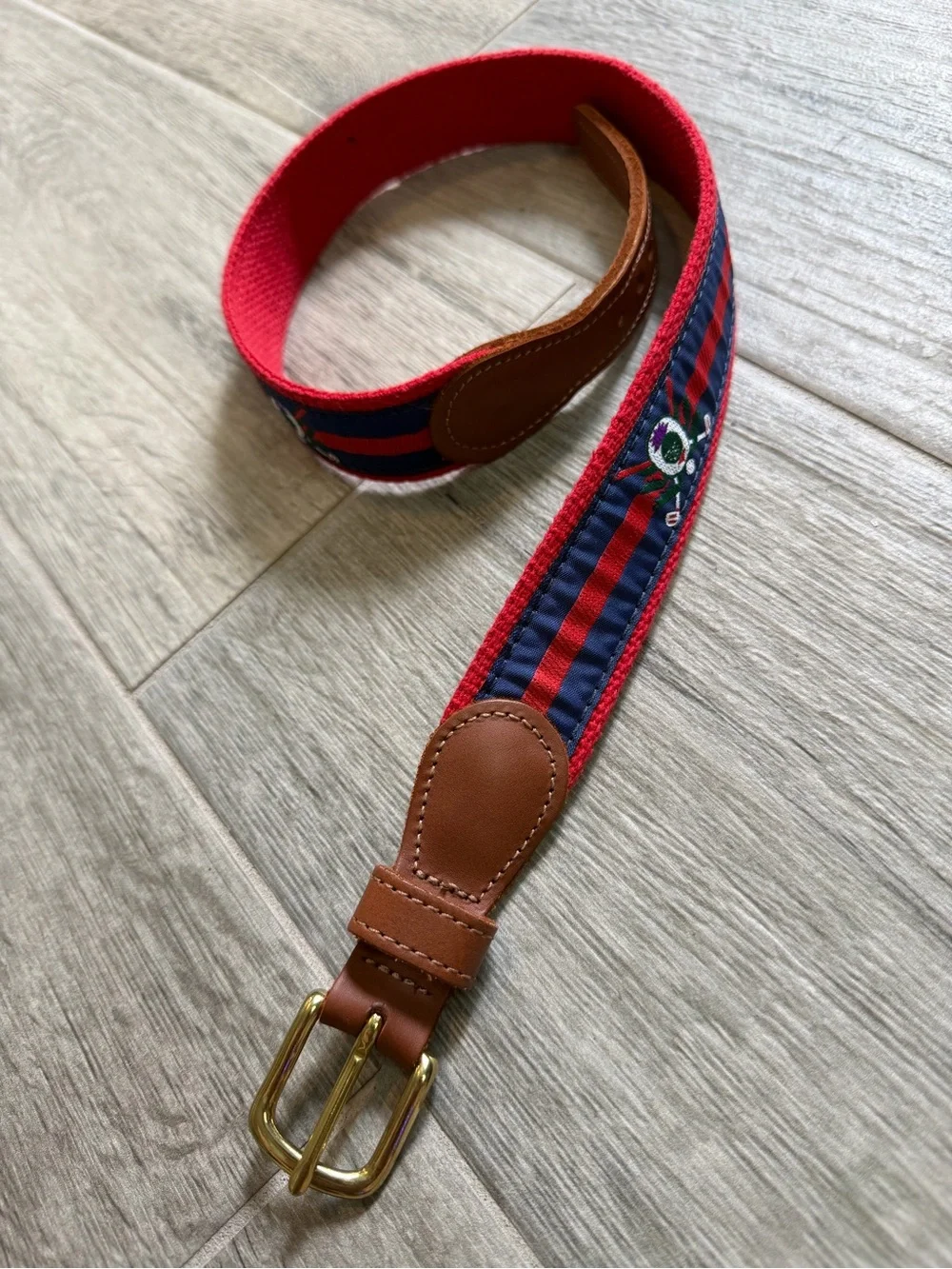J Bailey Boys Leather Red Canvas Belt Crest Size 24 Brass Buckle Preppy
